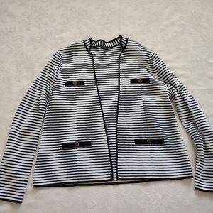 Talbots contrast trim black piping white stripe knit cardigan